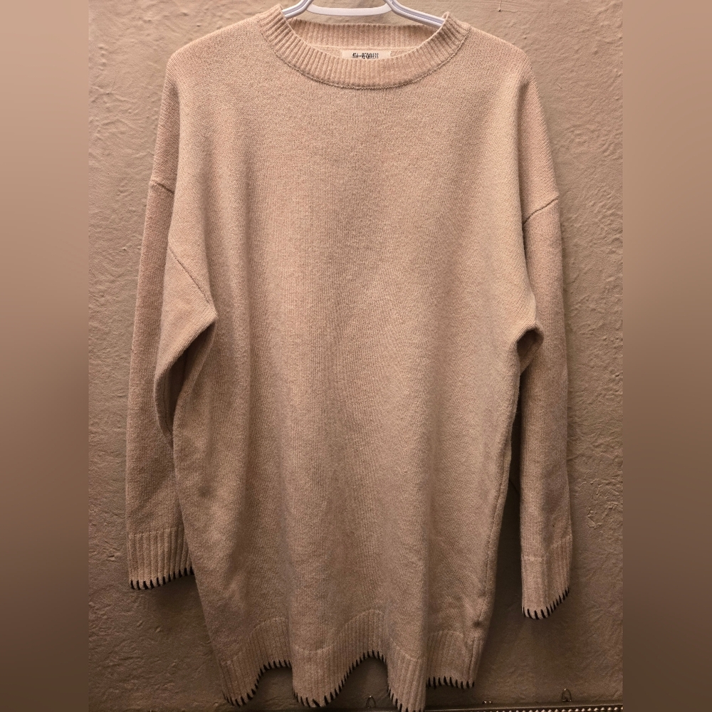 4th + Reckless Beige Oversized Knit Sweater | Contrast Stitch Hem | Size L